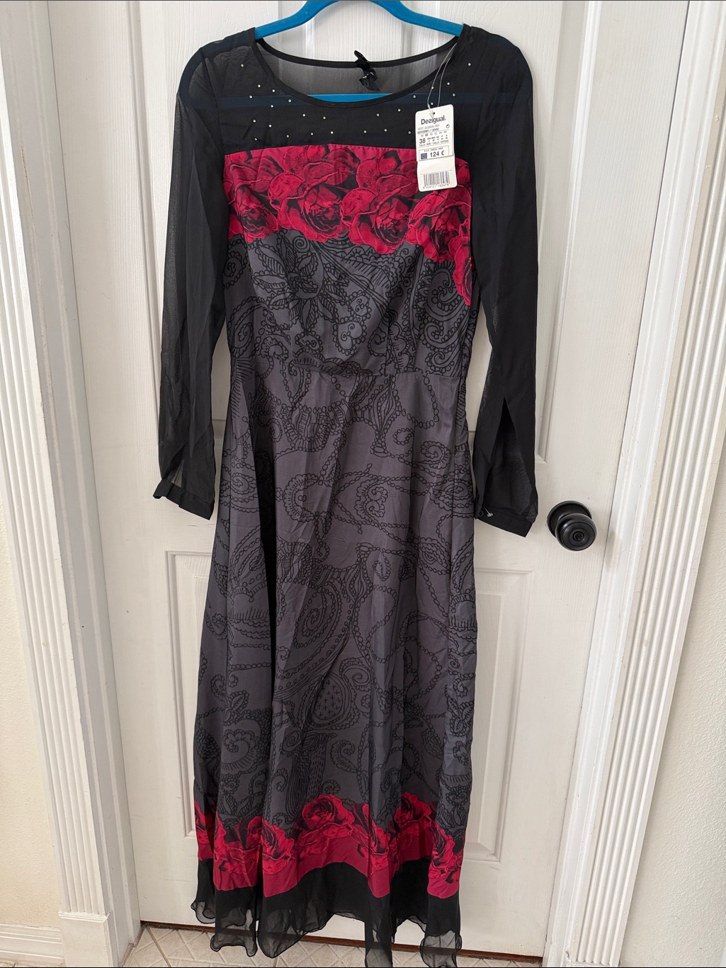 Desigual Black & Gray Long-Sleeve Midi Dress With Pink Rose Trim